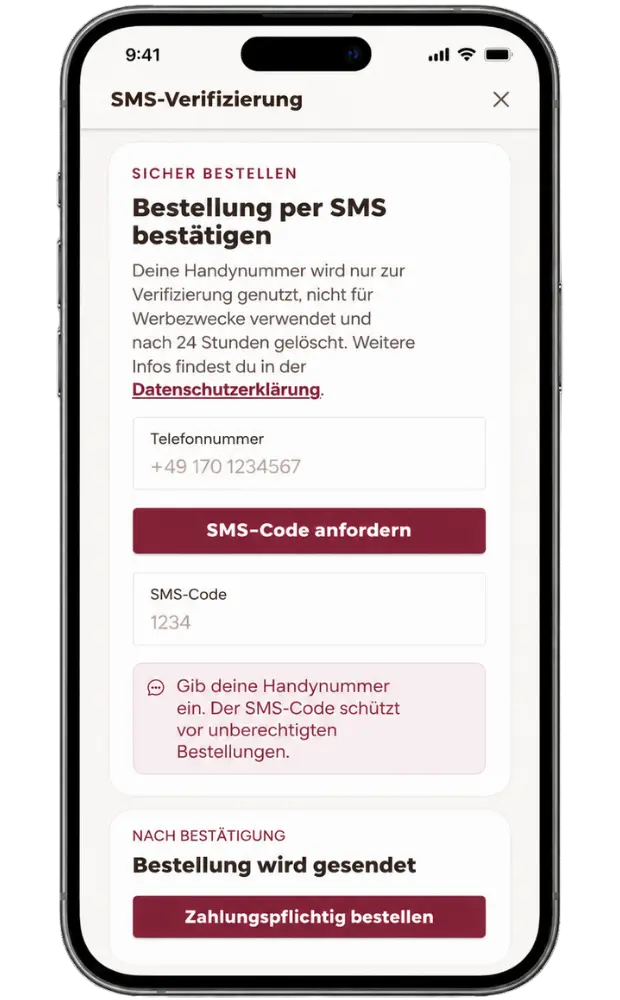 SMS-Bestätigung in Tisch Klick auf dem Handy