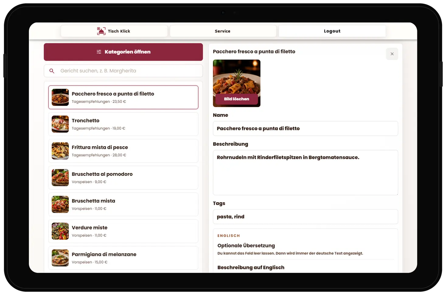 Menüpflege im Tisch Klick Dashboard auf dem Tablet